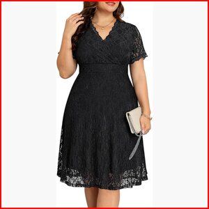 Plus Size Lace Wrap V-Neck Cocktail Dress Semi Formal Wedding Guest